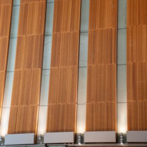Contemporary facade in Doha, featuring a modern architectural design with vertical copper panels.